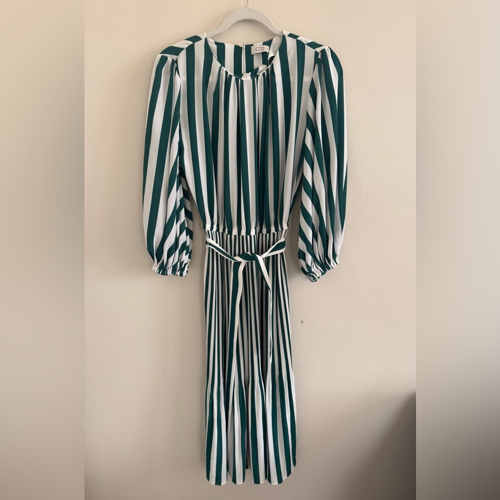 AYR "Who's She" Green Regatta Stripe Pleated Midi Dress with Tie waist